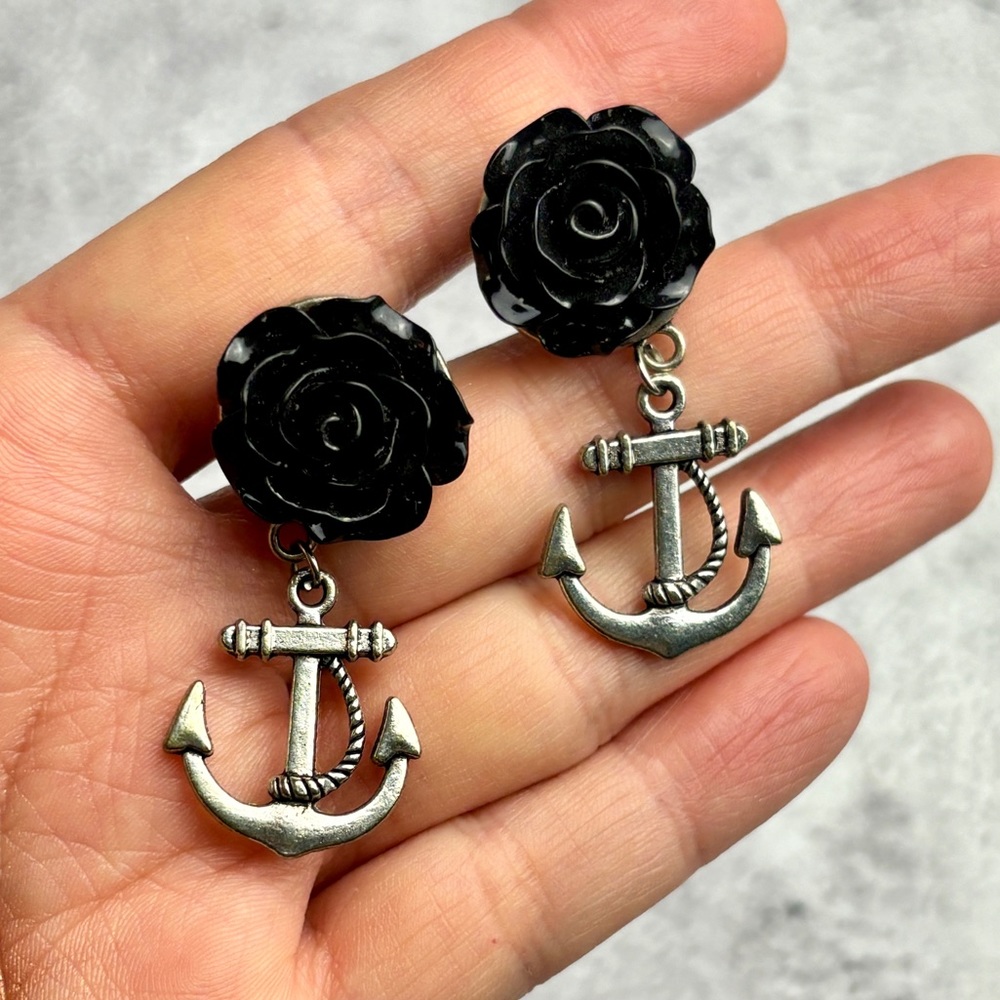 Rose & Anchor Plugs for Stretched Ears, Gauges Jewelry Earrings